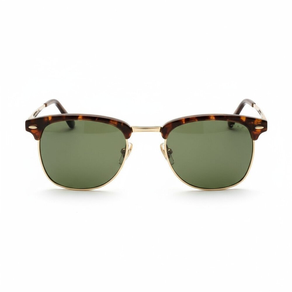TORTOISE BROWLINE RETRO-VINTAGE LIGHTWEIGHT SUNGLASSES WITH GREEN LENSES